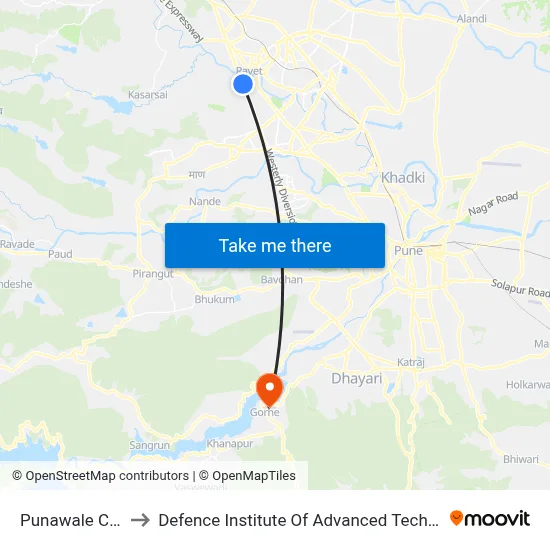 Punawale Corner to Defence Institute Of Advanced Technology Diat map