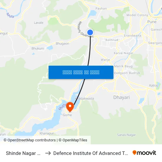 शिंदे नगर बावधन to रक्षा उन्नत प्रौद्योगिकी संस्थान map