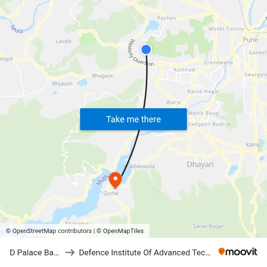 डी पैलेस बावधन to रक्षा उन्नत प्रौद्योगिकी संस्थान map