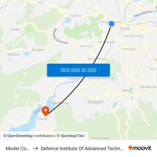 मॉडल कॉलोनी to रक्षा उन्नत प्रौद्योगिकी संस्थान map