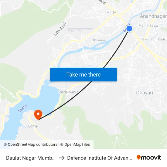 दौलत नगर मुंबई पुणे बायपास to रक्षा उन्नत प्रौद्योगिकी संस्थान map