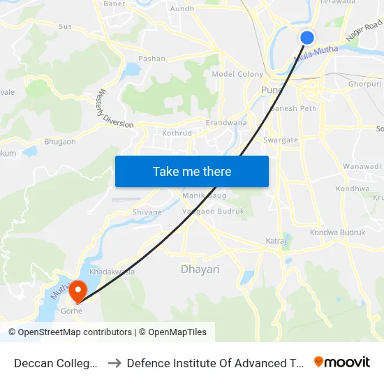 डेक्कन कॉलेज कॉर्नर to रक्षा उन्नत प्रौद्योगिकी संस्थान map