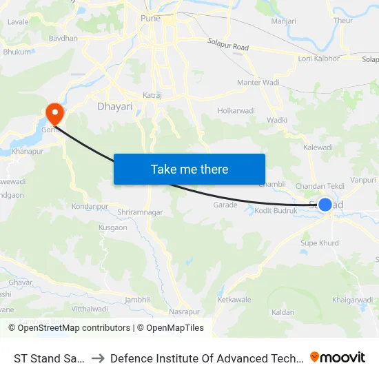 एसटी स्टैंड सासवड to रक्षा उन्नत प्रौद्योगिकी संस्थान map