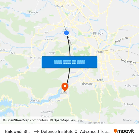बालेवाडी स्टेडियम to रक्षा उन्नत प्रौद्योगिकी संस्थान map