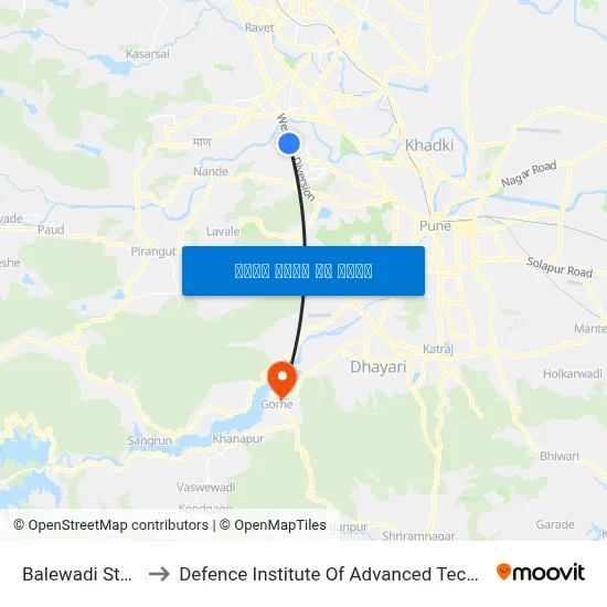 बालेवाडी स्टेडियम to रक्षा उन्नत प्रौद्योगिकी संस्थान map