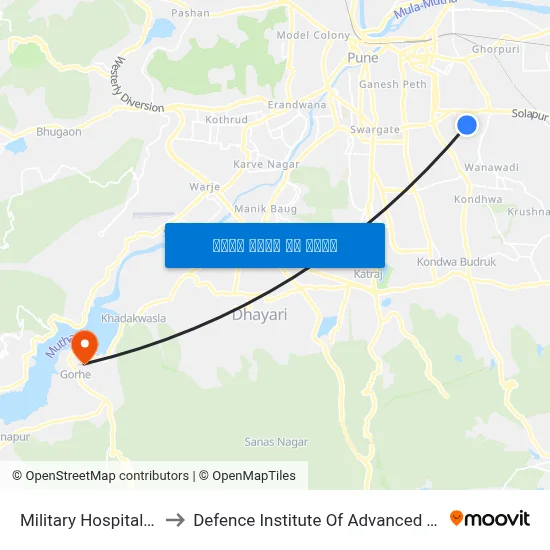 मिलिट्री हॉस्पिटल वानवडी to रक्षा उन्नत प्रौद्योगिकी संस्थान map