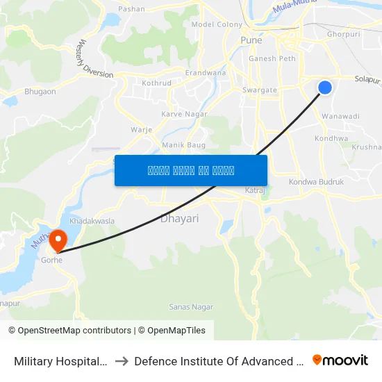 मिलिट्री हॉस्पिटल वानवडी to रक्षा उन्नत प्रौद्योगिकी संस्थान map