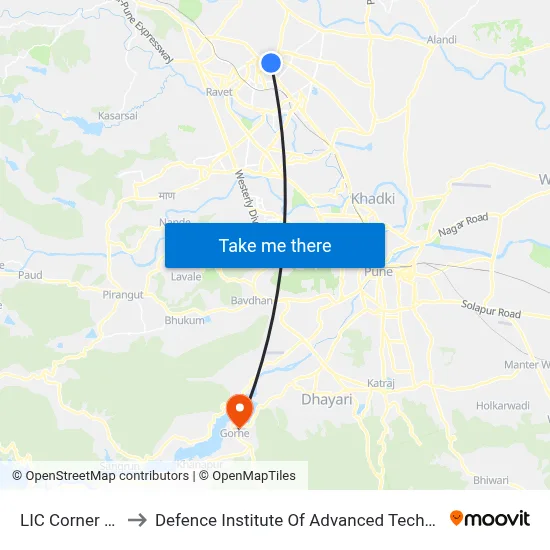एलआईसी कॉर्नर निगडी to रक्षा उन्नत प्रौद्योगिकी संस्थान map