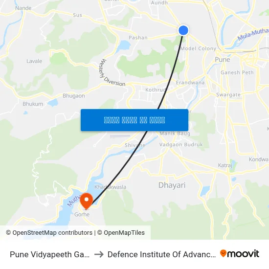 पुणे विद्यापीठ गेट औंध रोड to रक्षा उन्नत प्रौद्योगिकी संस्थान map