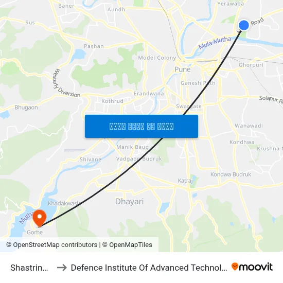 शास्त्रीनगर to रक्षा उन्नत प्रौद्योगिकी संस्थान map