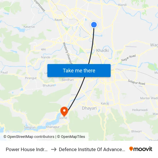 पावर हाउस इंद्रायणी नगर to रक्षा उन्नत प्रौद्योगिकी संस्थान map