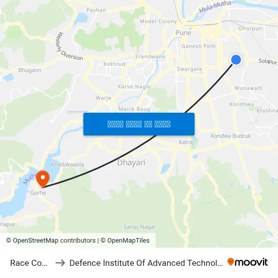 Race Course to Defence Institute Of Advanced Technology Diat map