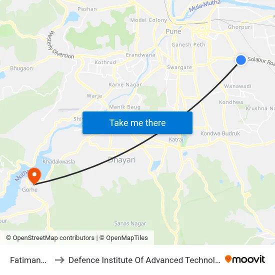 फातिमानगर to रक्षा उन्नत प्रौद्योगिकी संस्थान map