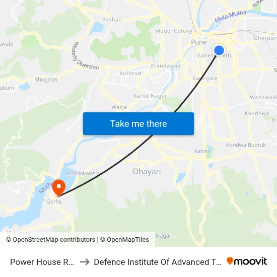 पावर हाउस रास्तापेठ to रक्षा उन्नत प्रौद्योगिकी संस्थान map