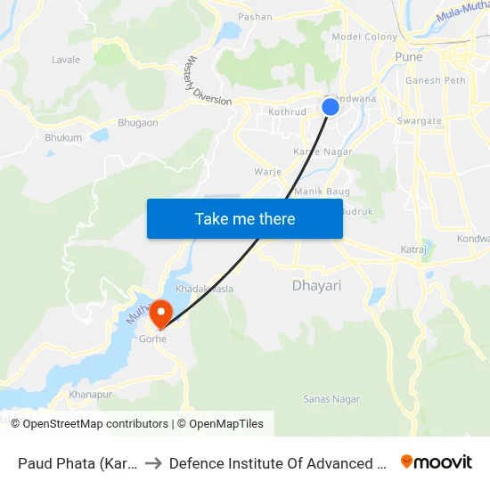 पौड फाटा (कर्वे रोड) to रक्षा उन्नत प्रौद्योगिकी संस्थान map
