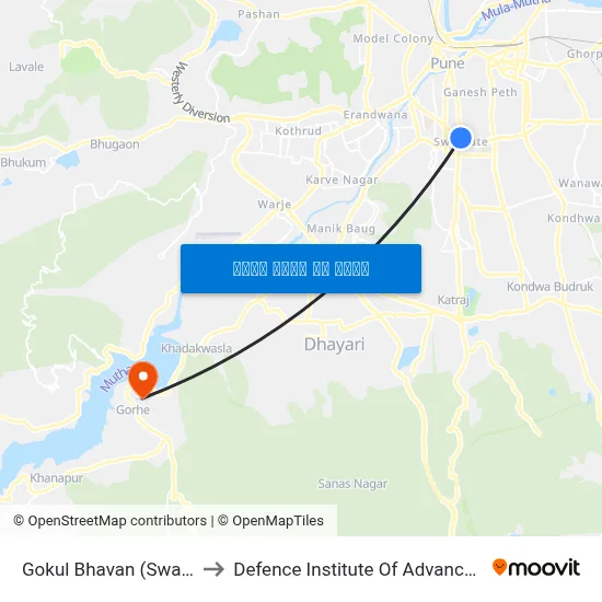 गोकुल भवन (स्वारगेट कॉर्नर) to रक्षा उन्नत प्रौद्योगिकी संस्थान map