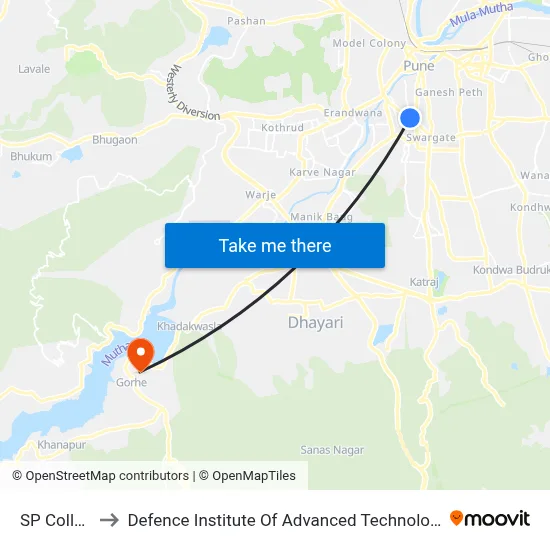 SP College to Defence Institute Of Advanced Technology Diat map