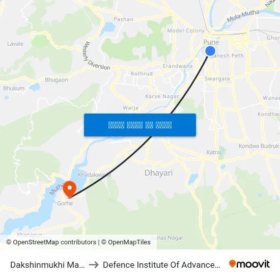 दक्षिणमुखी मारुति मंदिर to रक्षा उन्नत प्रौद्योगिकी संस्थान map