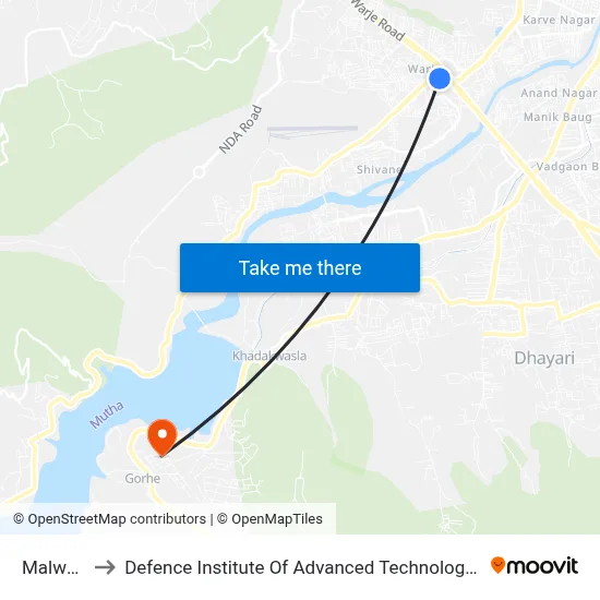 Malwadi to Defence Institute Of Advanced Technology Diat map