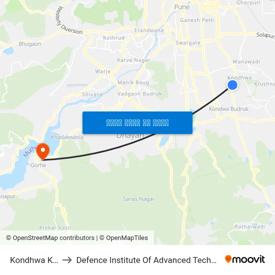 कोंढवा खुर्द to रक्षा उन्नत प्रौद्योगिकी संस्थान map