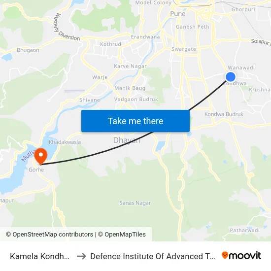 कमेला कोंढवा रोड to रक्षा उन्नत प्रौद्योगिकी संस्थान map