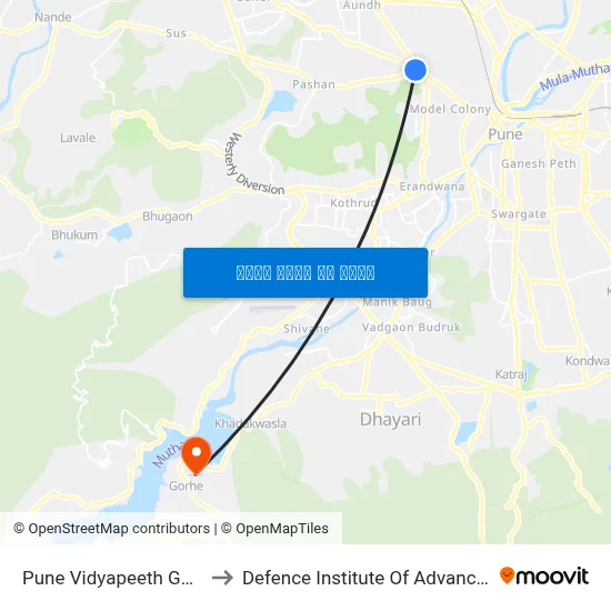 Pune Vidyapeeth Gate Baner Road to Defence Institute Of Advanced Technology Diat map