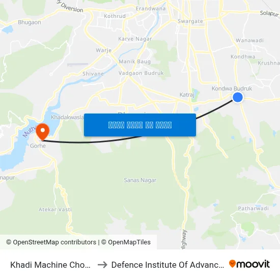 खाडी मशीन चौक कात्रज रोड to रक्षा उन्नत प्रौद्योगिकी संस्थान map