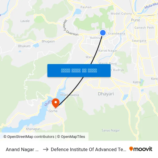 आनंद नगर कोथरूड to रक्षा उन्नत प्रौद्योगिकी संस्थान map