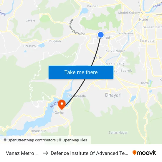 Vanaz Metro Station to रक्षा उन्नत प्रौद्योगिकी संस्थान map