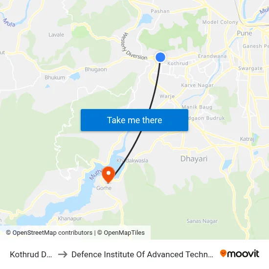 Kothrud Depot to Defence Institute Of Advanced Technology Diat map