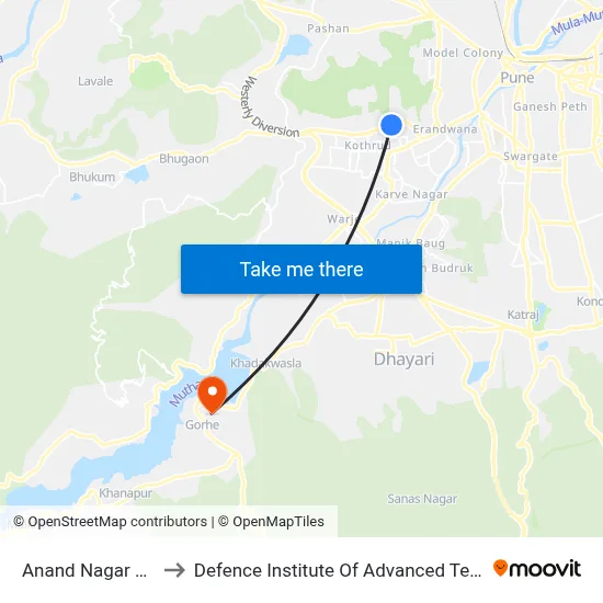 आनंद नगर कोथरूड to रक्षा उन्नत प्रौद्योगिकी संस्थान map