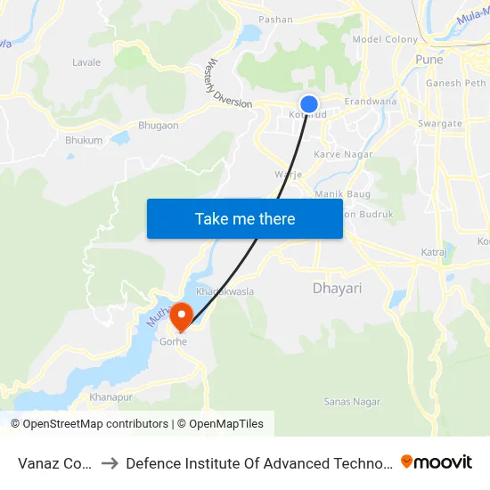 वनाज कॉर्नर to रक्षा उन्नत प्रौद्योगिकी संस्थान map
