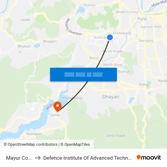मयूर कॉलोनी to रक्षा उन्नत प्रौद्योगिकी संस्थान map
