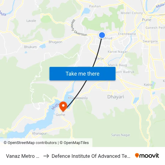 Vanaz Metro Station to रक्षा उन्नत प्रौद्योगिकी संस्थान map