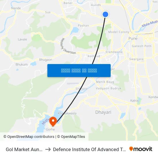गोल मार्केट औंध रोड to रक्षा उन्नत प्रौद्योगिकी संस्थान map