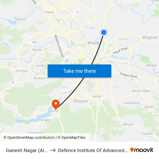 गणेश नगर (आलंदी रोड) to रक्षा उन्नत प्रौद्योगिकी संस्थान map