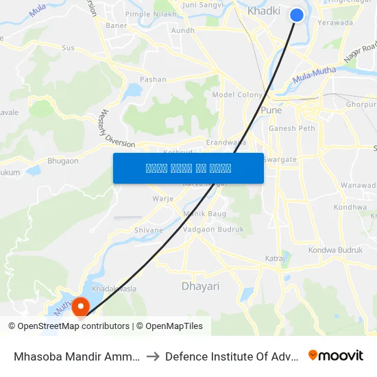 म्हसोबा मंदिर अम्युनिशन फैक्टरी रोड to रक्षा उन्नत प्रौद्योगिकी संस्थान map