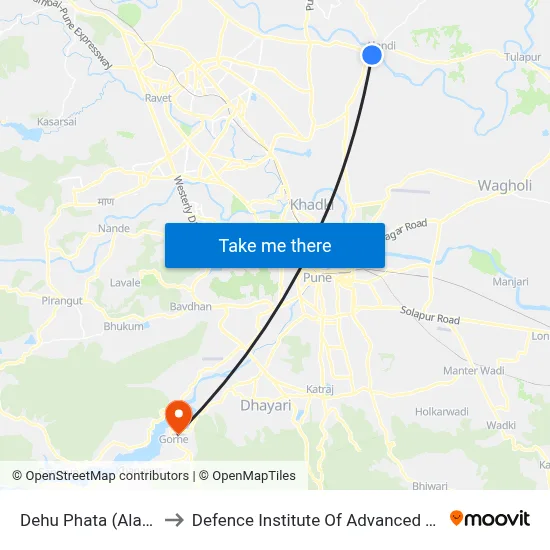 देहू फाटा (आळंदी रोड) to रक्षा उन्नत प्रौद्योगिकी संस्थान map