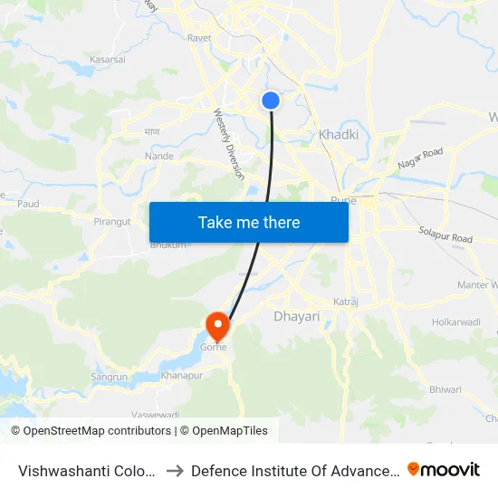 विश्वशांति कॉलोनी पीके चौक to रक्षा उन्नत प्रौद्योगिकी संस्थान map