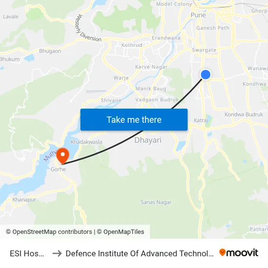 ESI Hospital to Defence Institute Of Advanced Technology Diat map