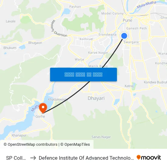 SP College to Defence Institute Of Advanced Technology Diat map