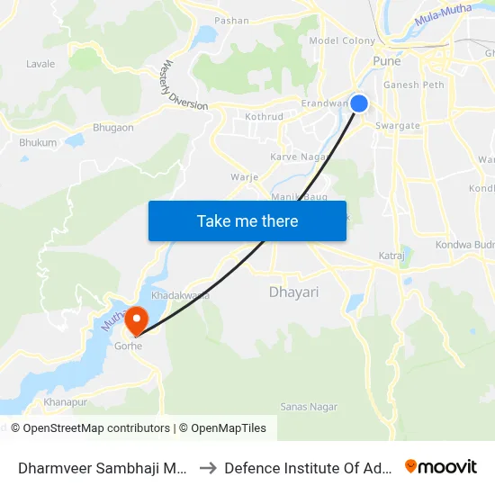 धर्मवीर संभाजी महाराज म.न.पा स्कूल to रक्षा उन्नत प्रौद्योगिकी संस्थान map