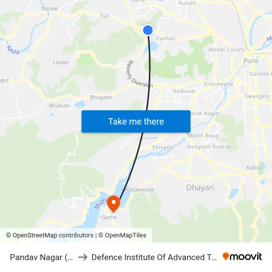 पांडव नगर (पाषाण) to रक्षा उन्नत प्रौद्योगिकी संस्थान map