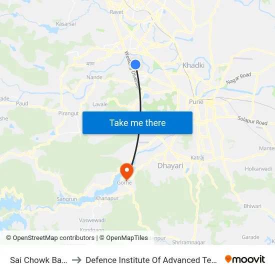 साई चौक बालेवाडी to रक्षा उन्नत प्रौद्योगिकी संस्थान map