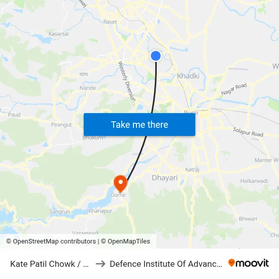 काटे पाटिल चौक / स्वराज गार्डन to रक्षा उन्नत प्रौद्योगिकी संस्थान map
