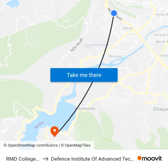 RMD College Warje to Defence Institute Of Advanced Technology Diat map