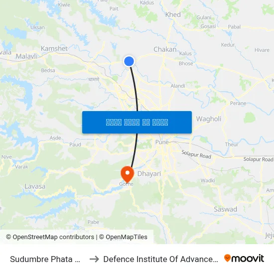 सुदुंबरे फाटा चाकण रोड to रक्षा उन्नत प्रौद्योगिकी संस्थान map