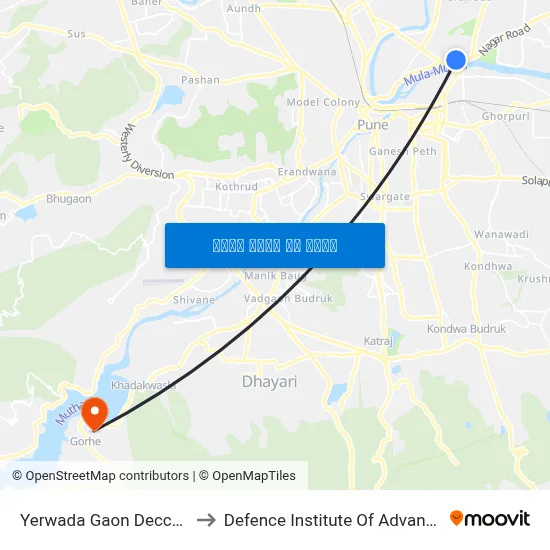 येरवाडा गाँव डेक्कन कॉलेज रोड to रक्षा उन्नत प्रौद्योगिकी संस्थान map