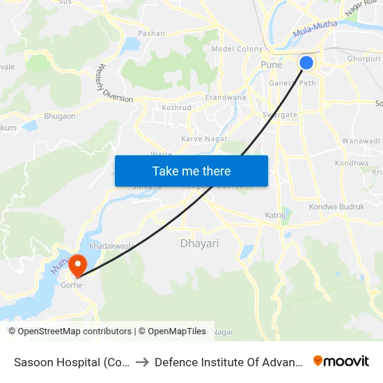 ससून हॉस्पिटल (कलेक्टर कचेरी) to रक्षा उन्नत प्रौद्योगिकी संस्थान map