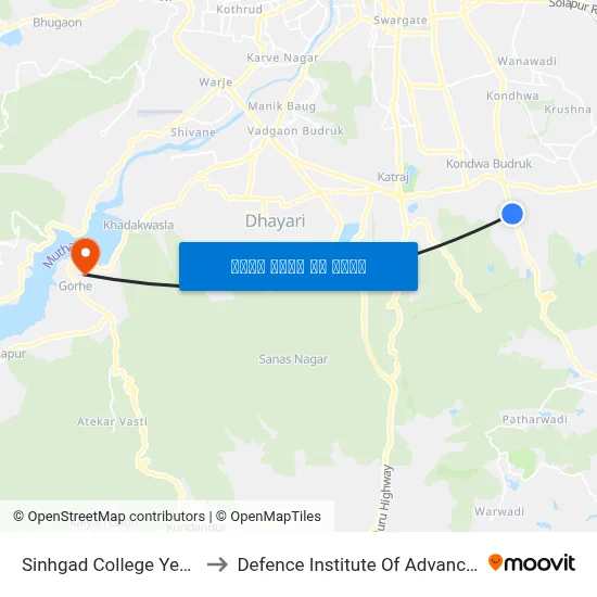 सिंहगड कॉलेज येवलेवाड़ी रोड to रक्षा उन्नत प्रौद्योगिकी संस्थान map
